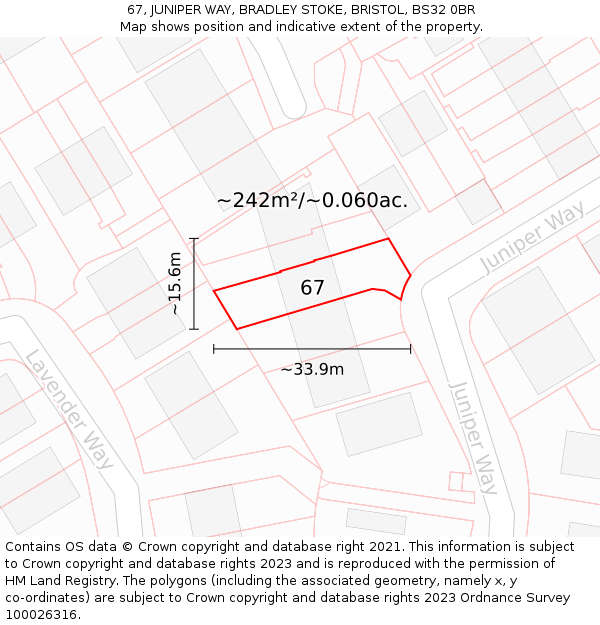 67, JUNIPER WAY, BRADLEY STOKE, BRISTOL, BS32 0BR: Plot and title map