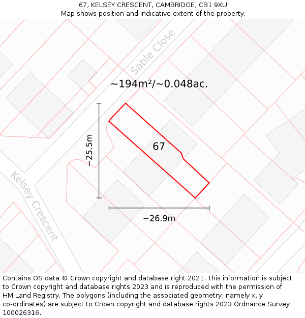 67, KELSEY CRESCENT, CAMBRIDGE, CB1 9XU: Plot and title map