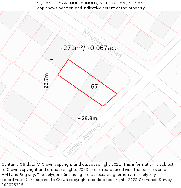 67, LANGLEY AVENUE, ARNOLD, NOTTINGHAM, NG5 6NL: Plot and title map