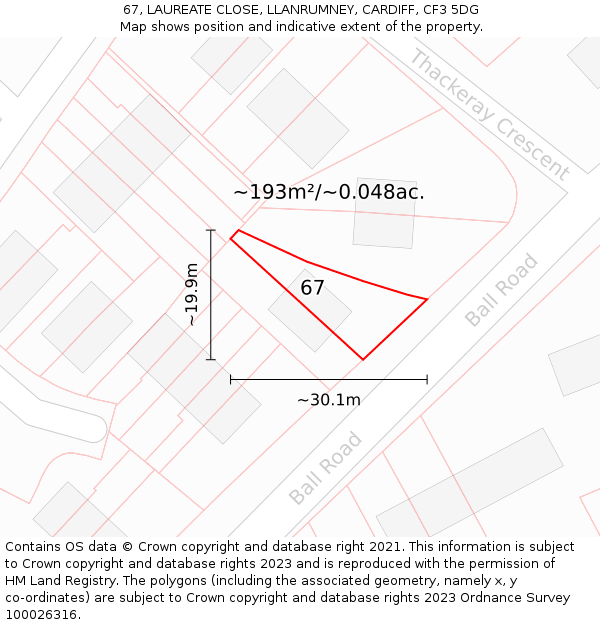 67, LAUREATE CLOSE, LLANRUMNEY, CARDIFF, CF3 5DG: Plot and title map