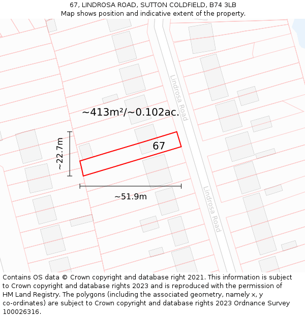 67, LINDROSA ROAD, SUTTON COLDFIELD, B74 3LB: Plot and title map