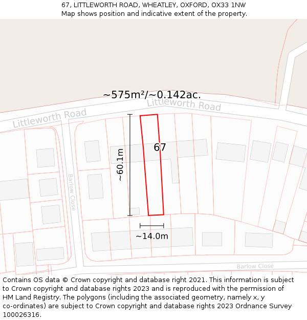 67, LITTLEWORTH ROAD, WHEATLEY, OXFORD, OX33 1NW: Plot and title map