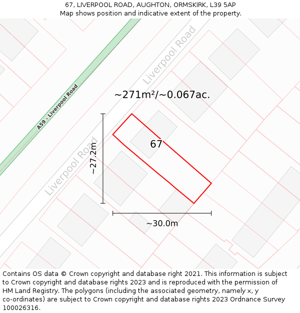 67, LIVERPOOL ROAD, AUGHTON, ORMSKIRK, L39 5AP: Plot and title map