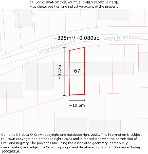67, LONG BRANDOCKS, WRITTLE, CHELMSFORD, CM1 3JL: Plot and title map