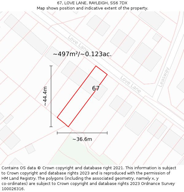 67, LOVE LANE, RAYLEIGH, SS6 7DX: Plot and title map