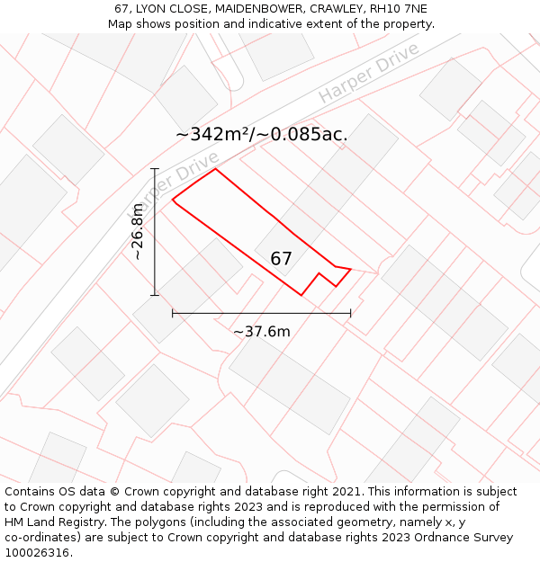 67, LYON CLOSE, MAIDENBOWER, CRAWLEY, RH10 7NE: Plot and title map