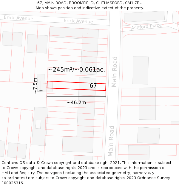 67, MAIN ROAD, BROOMFIELD, CHELMSFORD, CM1 7BU: Plot and title map