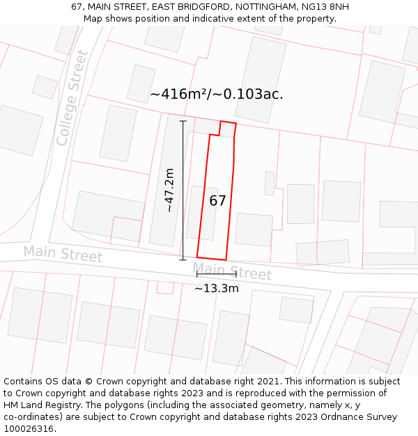 67, MAIN STREET, EAST BRIDGFORD, NOTTINGHAM, NG13 8NH: Plot and title map