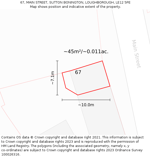 67, MAIN STREET, SUTTON BONINGTON, LOUGHBOROUGH, LE12 5PE: Plot and title map