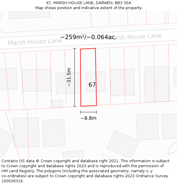 67, MARSH HOUSE LANE, DARWEN, BB3 3SA: Plot and title map