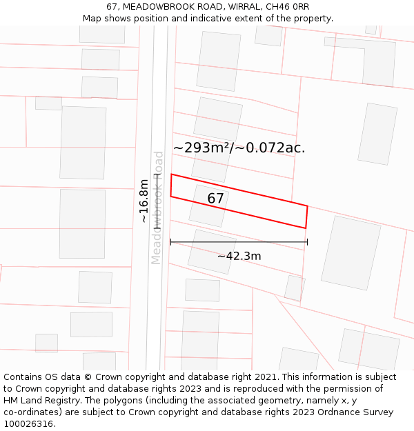 67, MEADOWBROOK ROAD, WIRRAL, CH46 0RR: Plot and title map