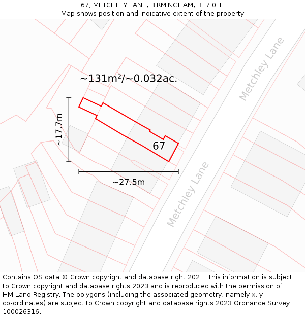 67, METCHLEY LANE, BIRMINGHAM, B17 0HT: Plot and title map