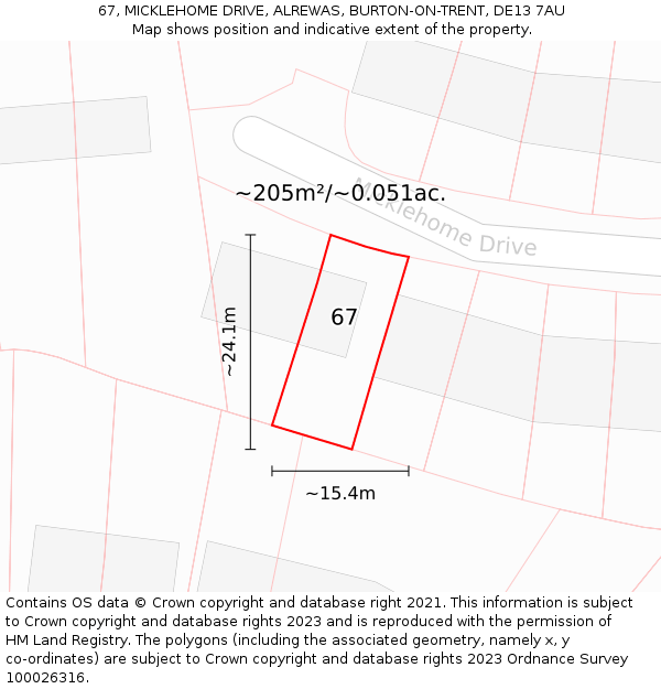 67, MICKLEHOME DRIVE, ALREWAS, BURTON-ON-TRENT, DE13 7AU: Plot and title map