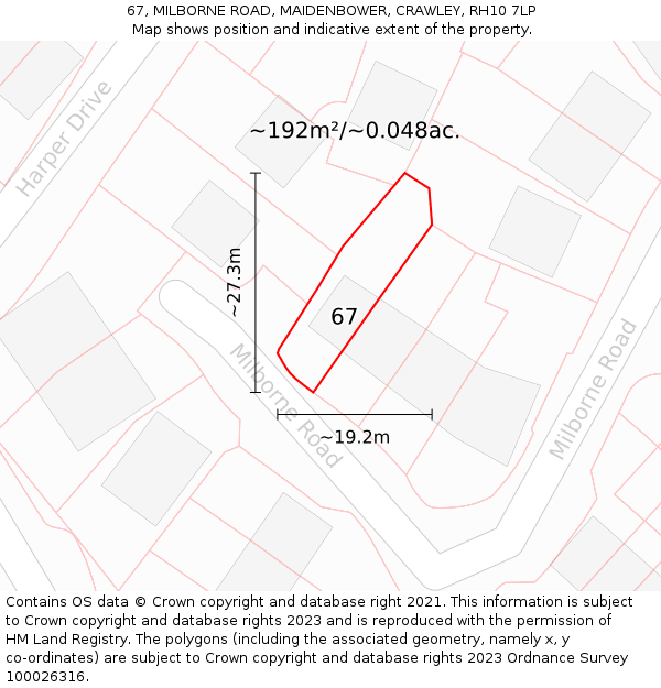 67, MILBORNE ROAD, MAIDENBOWER, CRAWLEY, RH10 7LP: Plot and title map