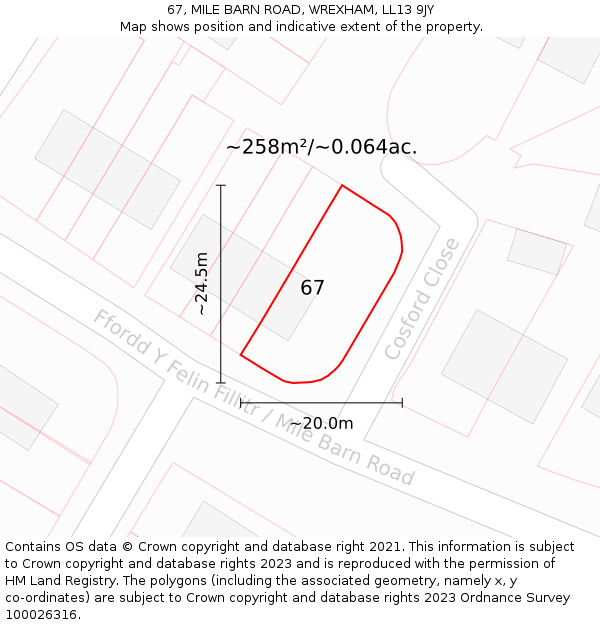 67, MILE BARN ROAD, WREXHAM, LL13 9JY: Plot and title map