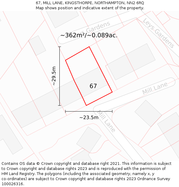 67, MILL LANE, KINGSTHORPE, NORTHAMPTON, NN2 6RQ: Plot and title map