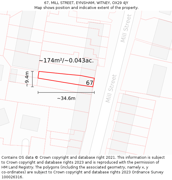 67, MILL STREET, EYNSHAM, WITNEY, OX29 4JY: Plot and title map