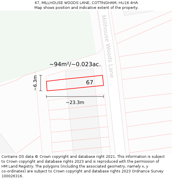 67, MILLHOUSE WOODS LANE, COTTINGHAM, HU16 4HA: Plot and title map