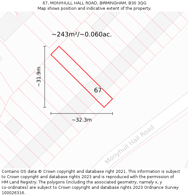 67, MONYHULL HALL ROAD, BIRMINGHAM, B30 3QG: Plot and title map