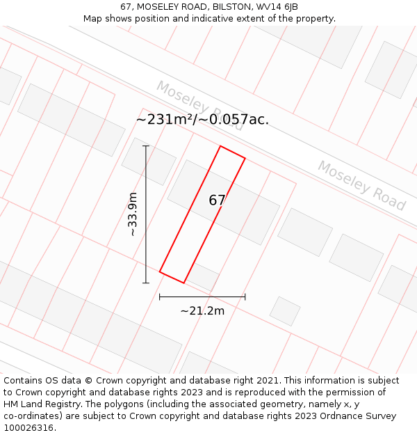 67, MOSELEY ROAD, BILSTON, WV14 6JB: Plot and title map