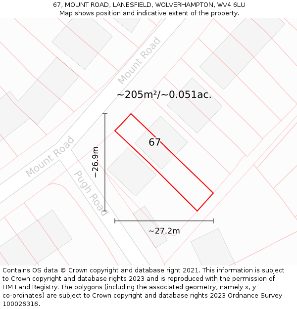 67, MOUNT ROAD, LANESFIELD, WOLVERHAMPTON, WV4 6LU: Plot and title map