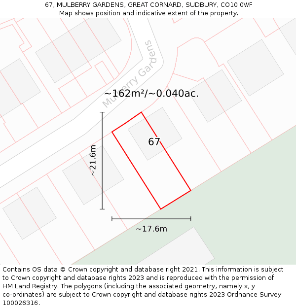 67, MULBERRY GARDENS, GREAT CORNARD, SUDBURY, CO10 0WF: Plot and title map