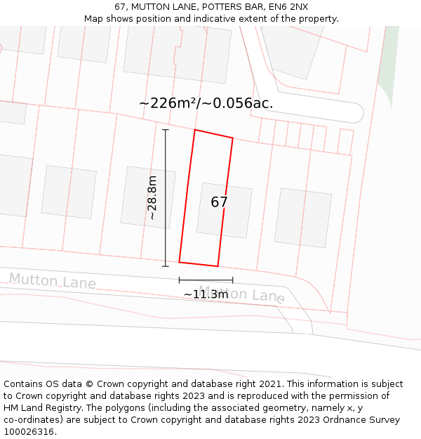 67, MUTTON LANE, POTTERS BAR, EN6 2NX: Plot and title map