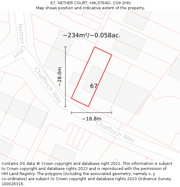 67, NETHER COURT, HALSTEAD, CO9 2HN: Plot and title map