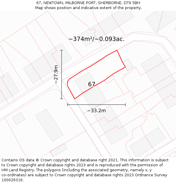 67, NEWTOWN, MILBORNE PORT, SHERBORNE, DT9 5BH: Plot and title map