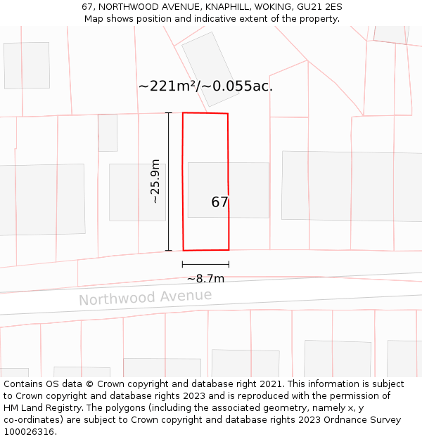 67, NORTHWOOD AVENUE, KNAPHILL, WOKING, GU21 2ES: Plot and title map