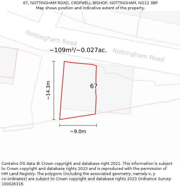 67, NOTTINGHAM ROAD, CROPWELL BISHOP, NOTTINGHAM, NG12 3BP: Plot and title map