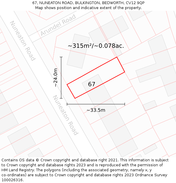 67, NUNEATON ROAD, BULKINGTON, BEDWORTH, CV12 9QP: Plot and title map