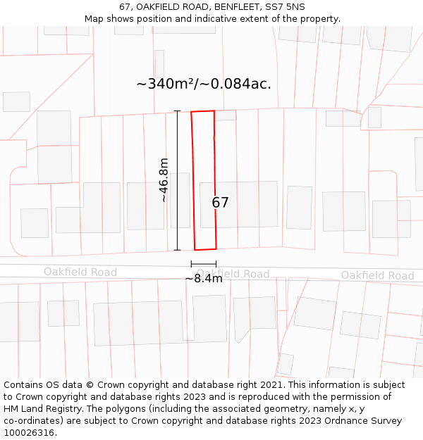 67, OAKFIELD ROAD, BENFLEET, SS7 5NS: Plot and title map