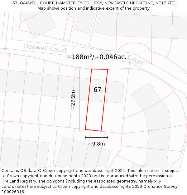 67, OAKWELL COURT, HAMSTERLEY COLLIERY, NEWCASTLE UPON TYNE, NE17 7BE: Plot and title map
