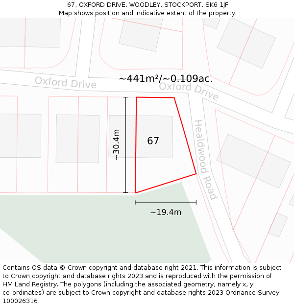 67, OXFORD DRIVE, WOODLEY, STOCKPORT, SK6 1JF: Plot and title map