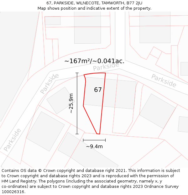 67, PARKSIDE, WILNECOTE, TAMWORTH, B77 2JU: Plot and title map