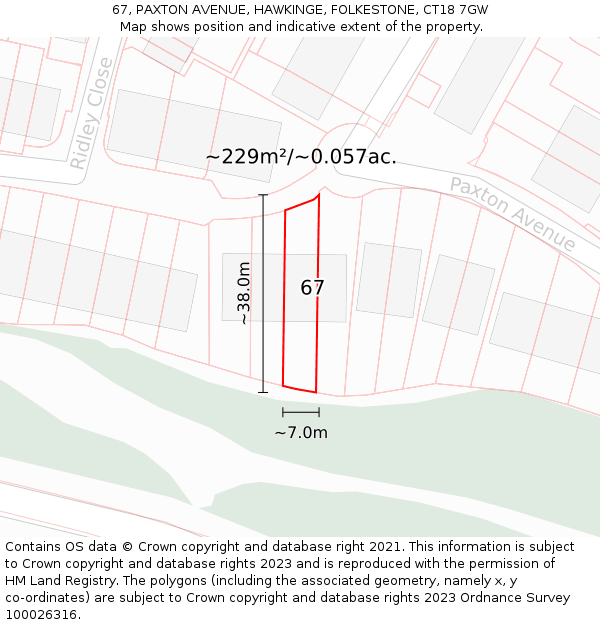 67, PAXTON AVENUE, HAWKINGE, FOLKESTONE, CT18 7GW: Plot and title map