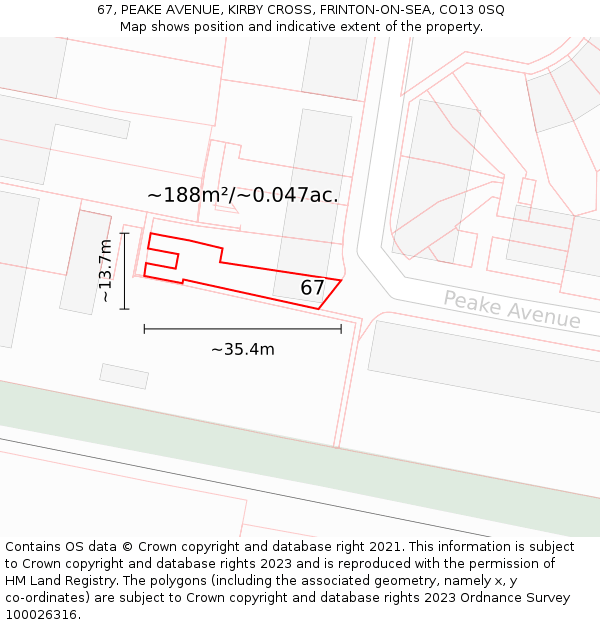 67, PEAKE AVENUE, KIRBY CROSS, FRINTON-ON-SEA, CO13 0SQ: Plot and title map