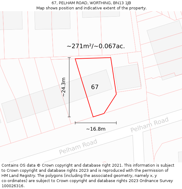 67, PELHAM ROAD, WORTHING, BN13 1JB: Plot and title map