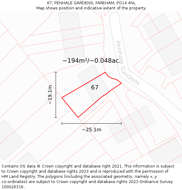 67, PENHALE GARDENS, FAREHAM, PO14 4NL: Plot and title map