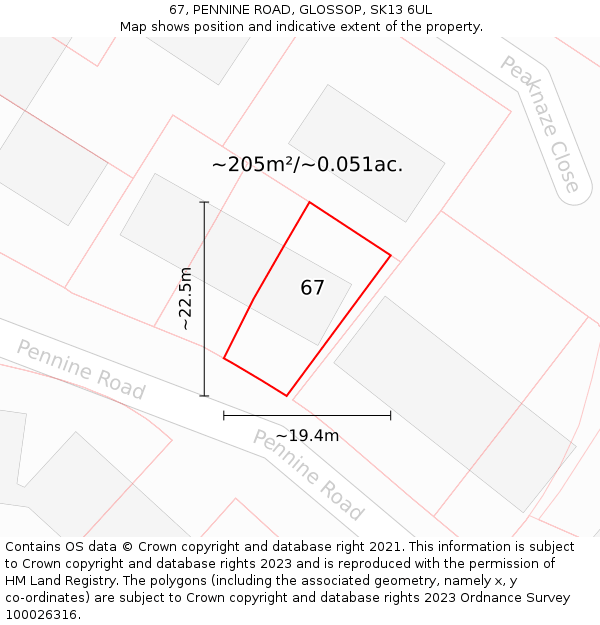 67, PENNINE ROAD, GLOSSOP, SK13 6UL: Plot and title map