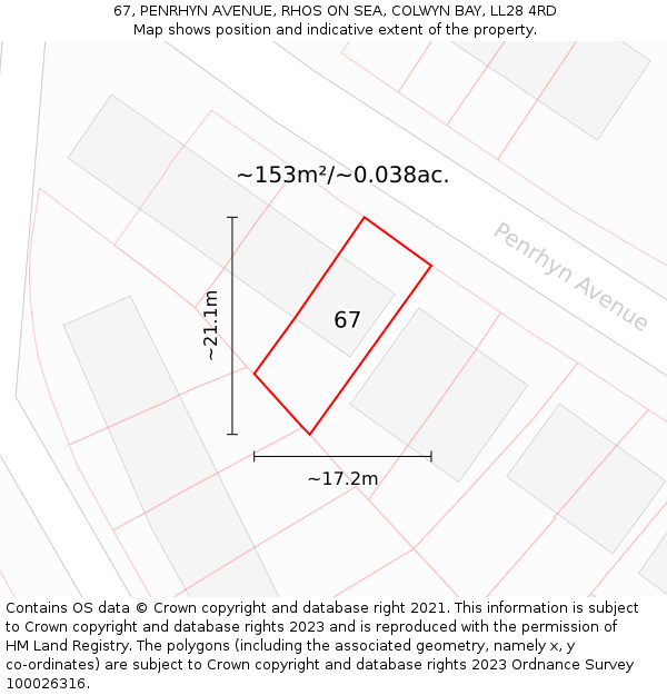 67, PENRHYN AVENUE, RHOS ON SEA, COLWYN BAY, LL28 4RD: Plot and title map