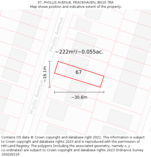 67, PHYLLIS AVENUE, PEACEHAVEN, BN10 7RA: Plot and title map