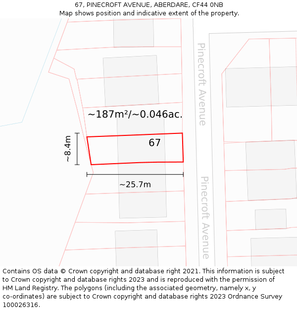 67, PINECROFT AVENUE, ABERDARE, CF44 0NB: Plot and title map