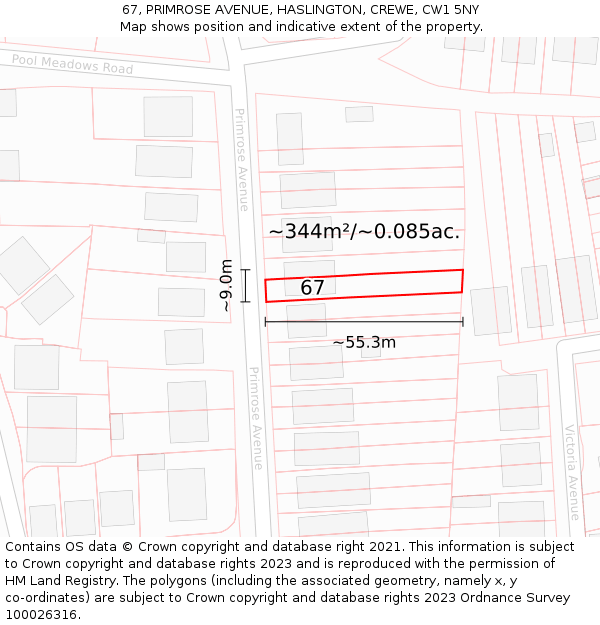 67, PRIMROSE AVENUE, HASLINGTON, CREWE, CW1 5NY: Plot and title map