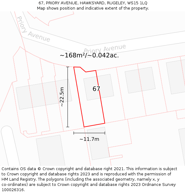 67, PRIORY AVENUE, HAWKSYARD, RUGELEY, WS15 1LQ: Plot and title map