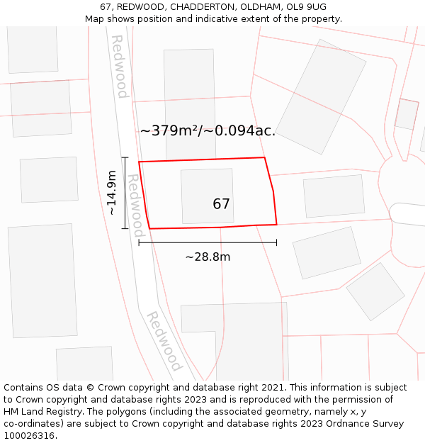 67, REDWOOD, CHADDERTON, OLDHAM, OL9 9UG: Plot and title map