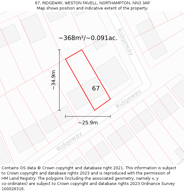 67, RIDGEWAY, WESTON FAVELL, NORTHAMPTON, NN3 3AP: Plot and title map