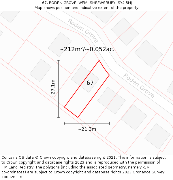 67, RODEN GROVE, WEM, SHREWSBURY, SY4 5HJ: Plot and title map