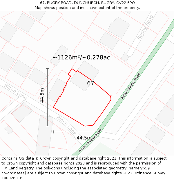 67, RUGBY ROAD, DUNCHURCH, RUGBY, CV22 6PQ: Plot and title map